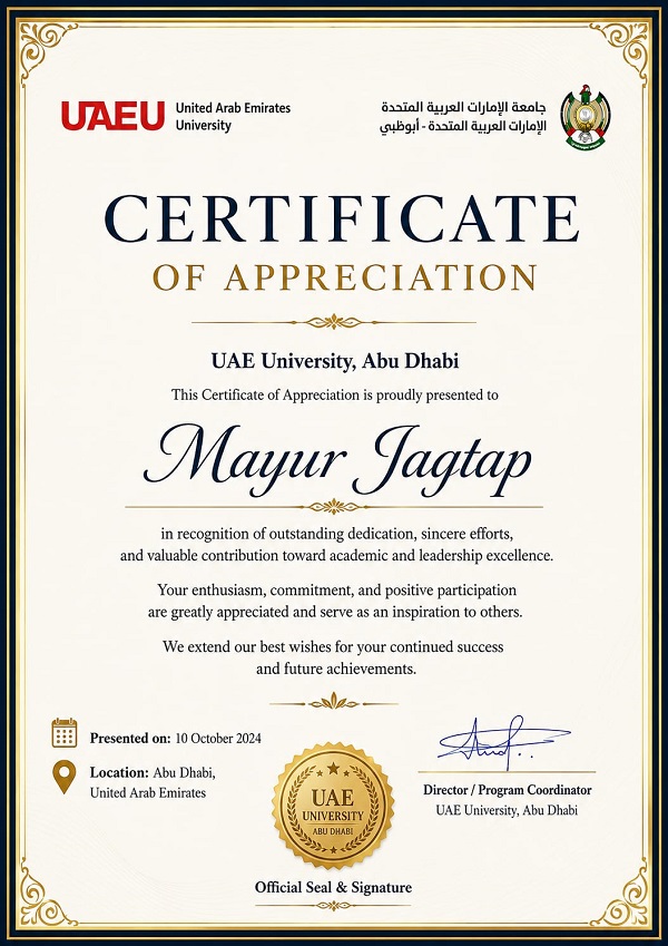 Celebrating Excellence: Mr. Mayur Jagtap Honored by UAE University!